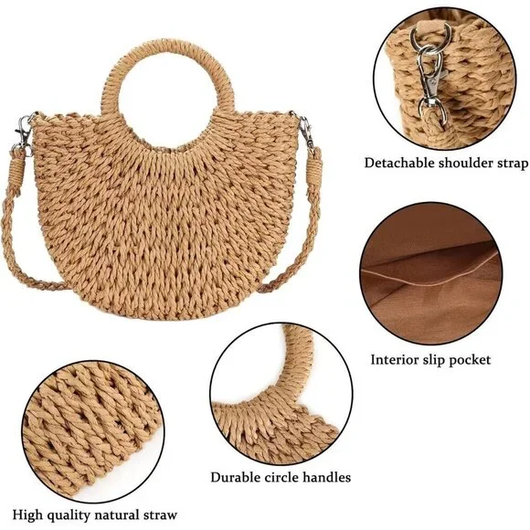 Womens Straw Beach Bag Woven Crossbody Tote Handbag Summer Purse - Picture 5 of 9